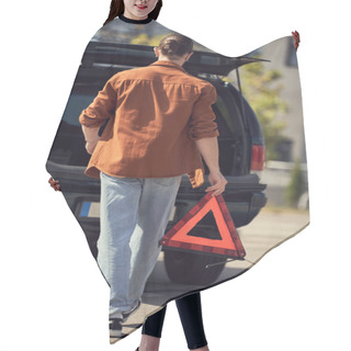 Personality  Back View Of Young Stylish Man In Urban Attire Walking To His Car With Warning Triangle In Hands Hair Cutting Cape