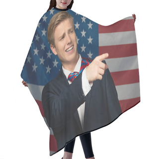 Personality  Smiling Man Pointing With Finger Away On American Flag Background Hair Cutting Cape