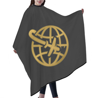 Personality  Airplane Flight Around The Planet Gold Plated Metalic Icon Or Logo Vector Hair Cutting Cape