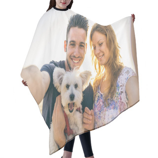 Personality  Happy Couple With Dog Hair Cutting Cape