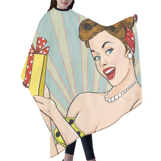 Personality  Girl With The Gift In Vintage Style. Pin Up Girl. Party Invitation. Birthday Greeting Card. Hair Cutting Cape