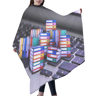 Personality  Digital Archive. Laptop Keyboard With Many Downsized Folders, Closeup Hair Cutting Cape