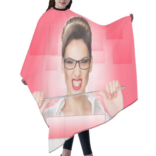 Personality  Aggressive Woman With A Pointer. Concept Hair Cutting Cape