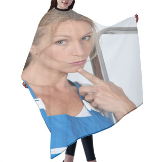 Personality  Portrait Of A Doubtful Woman Hair Cutting Cape