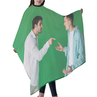 Personality  Two Men In Shirts Quarreling And Screaming At Each Other Isolated On Green Hair Cutting Cape