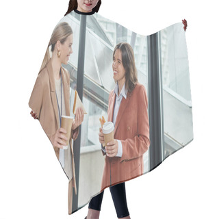 Personality  Two Cheerful Coworkers Smiling At Each Other And Enjoying Coffee And Sandwiches, Coworking Hair Cutting Cape