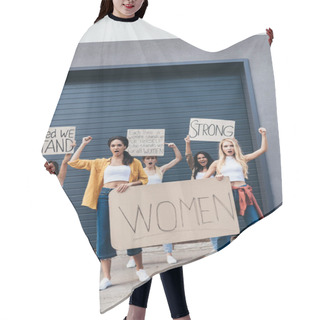 Personality  Full Length View Of Screaming Multiethnic Feminists Holding Placards With Slogans On Street Hair Cutting Cape