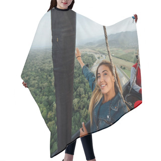 Personality  Cheerful Happy Girl In Jeans Jacket Flying In Air Balloon With Her Friends. Best Adventure Ever. Freedom In Sky. Forest And Mountains View. Hair Cutting Cape
