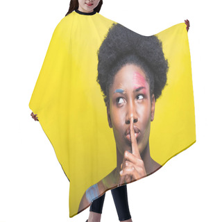 Personality  African American Woman With Bright Makeup Showing Silent Gesture On Yellow Hair Cutting Cape