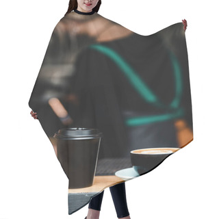 Personality  A Take Away Coffee And A Latte Mug Waiting To Be Collected After An Order. Social Distance Involved. A Black Cardboard Disposable Take Away Coffee On The Window Shelf. Copy Space In Background Hair Cutting Cape