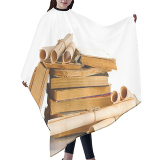 Personality  Pile Of Old Books And Scroll Isolated On White Hair Cutting Cape