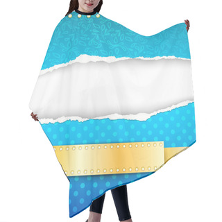 Personality  Blue Paper Background With Torn Edges And Gold Ribbon. Hair Cutting Cape