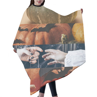 Personality  Collage Of Traditional Halloween Pumpkins With Decorative Bats And People Hands Hair Cutting Cape