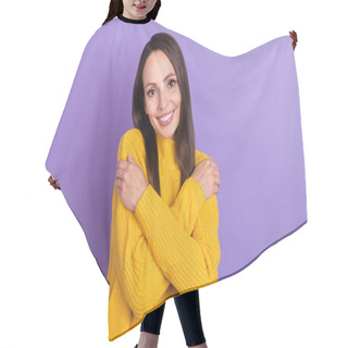 Personality  Photo Of Sweet Brunette Young Lady Hug Herself Wear Yellow Pullover Isolated On Violet Color Background Hair Cutting Cape