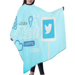 Personality  Card With Twitter Logo And Social Media Icons Isolated On Blue Hair Cutting Cape