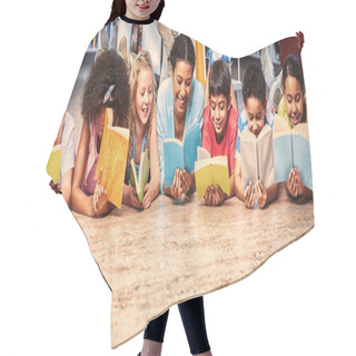 Personality  Happy Teacher With Students Reading Books While Lying Down In Library Hair Cutting Cape