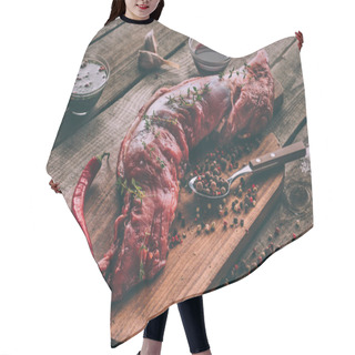Personality  Close-up Shot Of Raw Pork Meat With Spices On Wooden Cutting Board Hair Cutting Cape