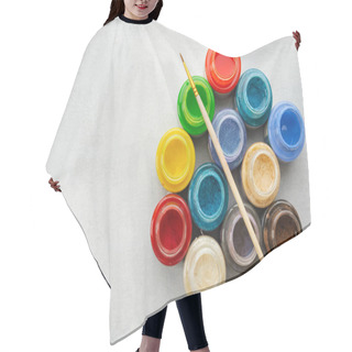 Personality  Colorful Stained Glass Or Oil, Acrylic Paints With Paint Brush On Gray Background With Copy Space, Top View.  Hair Cutting Cape