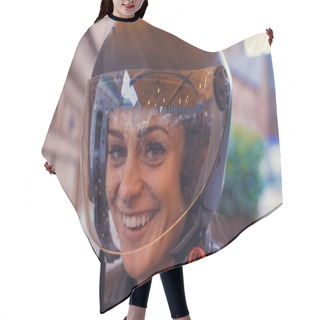 Personality  A Woman In A Moto Helmet Hair Cutting Cape
