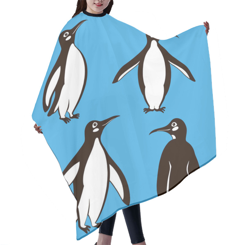 Personality  Penguins Cartoon Stylization. Hand Drawn Sketches Processed In The User Friendly Vector File With Layers And Isolated On A Blue Background.  Hair Cutting Cape