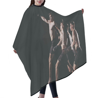Personality  Multiple Exposure Of Strong Barefoot Muscular Mma Fighter Doing Punch In Jump Hair Cutting Cape