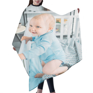 Personality  High Angle View Of Happy Little Baby Standing In Crib Hair Cutting Cape