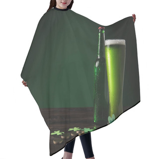 Personality  Glass Bottle And Glass Of Green Beer With Coins On Wooden Table, St Patricks Day Concept Hair Cutting Cape