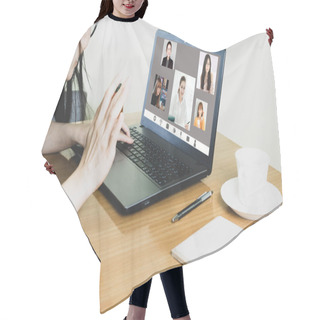Personality  Laptop Screen View Over Shoulder Asian Woman Talking About Work,sitting In Work Desk Make Video Call Have Distant Communication Using Videoconference App Work From Home To Prevent Corona Virus Hair Cutting Cape