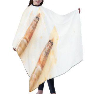 Personality  Top View Of Raw Shrimps On White Surface With Watercolor Strokes Hair Cutting Cape