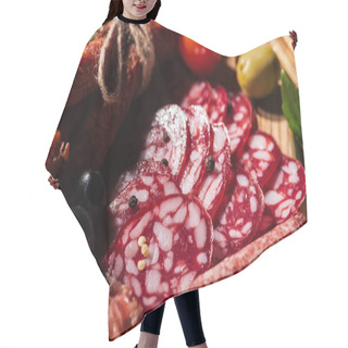 Personality  Close Up View Of Delicious Sliced Salami With Vegetables And Spices On Wooden Cutting Board Hair Cutting Cape