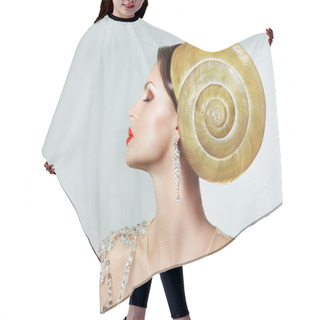 Personality  Extravagancy. Outlandish Extreme Hairstyle. Peculiar Woman With Snail As Headwear Hair Cutting Cape