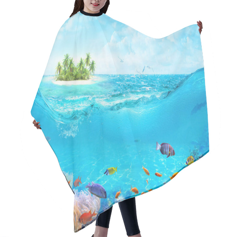 Personality  Animals of the underwater sea world. A beach on a tropical island. Colorful tropical fish. Life in the coral reef. hair cutting cape