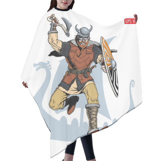 Personality  Viking With Ax And Shield Attacks. Vector Illustration. Hair Cutting Cape
