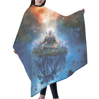 Personality  The Cosmic Gardener / 3D Illustration Of Surreal Science Fiction Scene With Meditating Astronaut On Artificial Asteroid Surrounded By Flowers Hair Cutting Cape