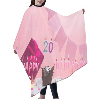 Personality  Background Card Date Of Birth For A Girl  20. Anniversary. Beautiful Festive Background With Candles. Women's Congratulations Card With A Cake. Happy Birthday In Pink. Copy Space Hair Cutting Cape