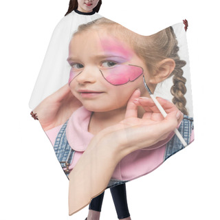 Personality  Partial View Of Artist Painting Butterfly On Face Of Adorable Kid Isolated On White Hair Cutting Cape