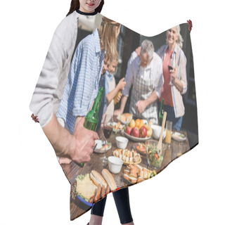 Personality  Happy Family Having Picnic On Patio Hair Cutting Cape