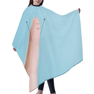 Personality  Cropped View Of One Finger With Happy Face Isolated On Blue Hair Cutting Cape