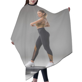 Personality  Athletic Young Woman Doing Step Aerobics On Grey Hair Cutting Cape