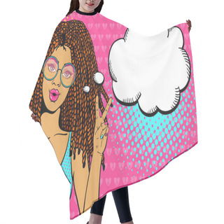 Personality  Pop Art Female Face. Sexy Young Hippie Woman With Dreadlocks In Round Glasses Shows Victory Sign And Empty Speech Bubble. Vector Colorful Background In Pop Art Retro Comic Style. Hair Cutting Cape