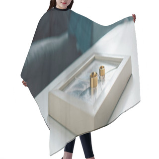 Personality  Panoramic Crop Of Golden Rings On Photo Frame With Broken Glass, Divorce Concept  Hair Cutting Cape