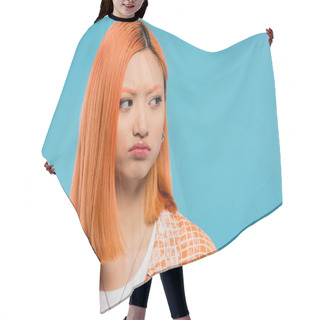 Personality  Offended, Displeased, Upset, Young Asian Woman With Red Hair Looking Away And Pouting Lips On Blue Background, Casual Wear, Generation Z, Emotional, Upset, Sad Face Hair Cutting Cape
