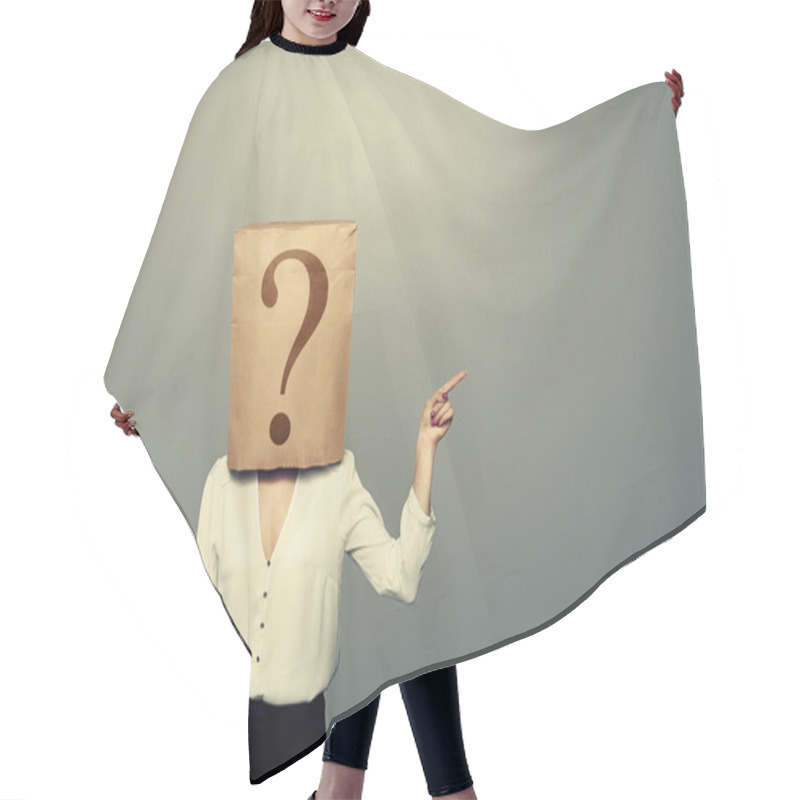 Personality  Woman With Paper Bag Pointing  Hair Cutting Cape