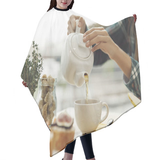 Personality  Close-up Partial View Of Woman Pouring Tea From Teapot During Breakfast Hair Cutting Cape