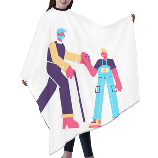 Personality  Joyful Little Girl And Grandfather Having Fun Together Vector Hair Cutting Cape
