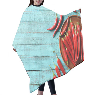 Personality  Elevated View Of Red Ripe Chili Peppers On Plate And Blue Wooden Table Hair Cutting Cape
