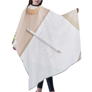 Personality  Green Plants, Blank Notebook, Pencil, Paper With Plan Lettering On Beige Surface Hair Cutting Cape