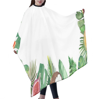 Personality  Watercolor Hand Painted Nature Tropical Border Frame With Green Palm Leaves, Avocado, Mango, Lemon, Lime, Orange, Kiwi, Papaya, Coconut, Fig Fruits On The White Background For Invite And Greeting Card Hair Cutting Cape