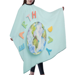 Personality  Top View Of Colorful Paper Letters And Planet Picture On Turquoise Background, Earth Day Concept Hair Cutting Cape