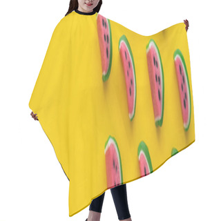 Personality  Top View Of Delicious Candies In Watermelon Shape On Yellow Background, Banner  Hair Cutting Cape